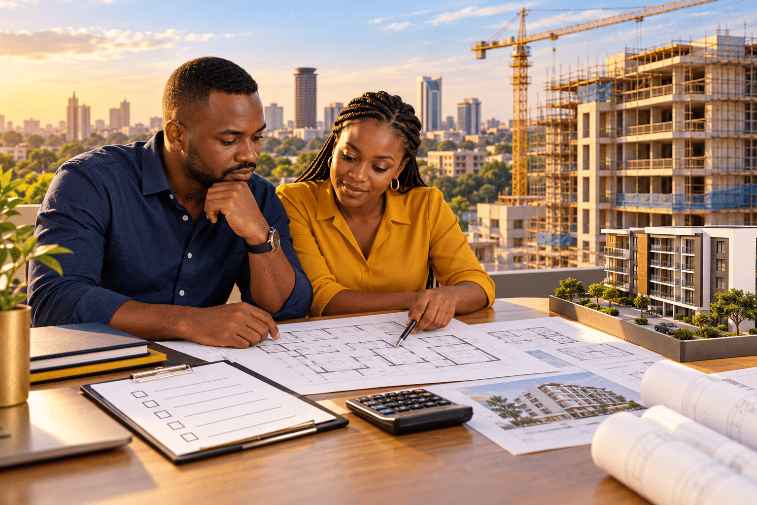 Off-plan property in Kenya: buyers reviewing apartment plans and a construction project
